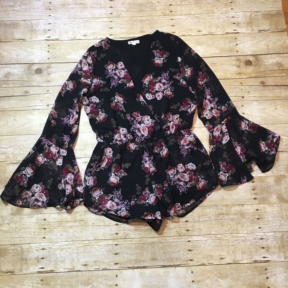 Cotton Candy Dark Floral Romper With Bell Sleeves